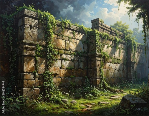 Ancient stone ruins overgrown with lush green vegetation and moss, bathed in dappled sunlight, evoking a sense of forgotten history and nature's reclamation