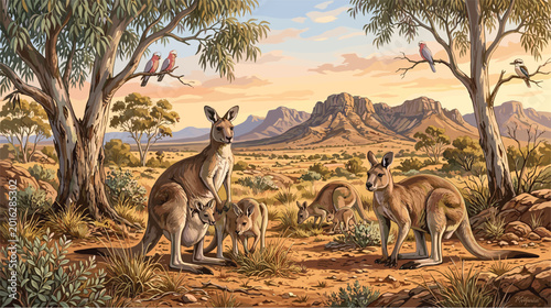Foto Australian Outback Kangaroo Family Scene with Eucalyptus Trees, Desert Landscap