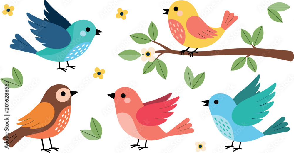 Fototapeta premium Cute Colorful Birds Collection Flat Style Vector Illustration Set with Flowers, Leaves, and Branch