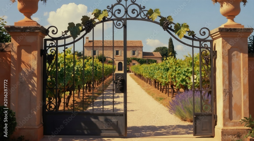 Obraz premium Ornate metal gate opens to vineyard path leading to stone house. Grapevine motifs decorate gate. Lush green vines and purple lavender flank gravel walkway.