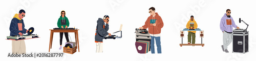 Bild auf Leinwand Diverse Collection of DJ Characters Playing Vinyl Records on Turntables in Styli