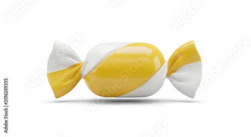 Candy wrapper with yellow and white stripes sits centered as a single isolated confectionery treat.