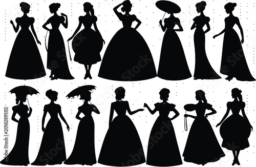 Schilderij op canvas Black silhouette women in vintage dresses with umbrellas and parasols