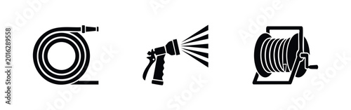 Bild auf Leinwand Garden Hose and Water Spray Icons Set