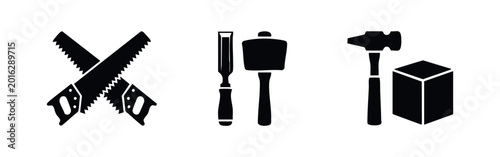 Tableau sur toile Carpentry and woodworking tool icons set with crosscut saws, chisel, mallet, and hammer