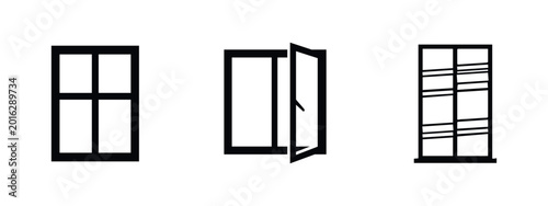 Fotografie Window style icons including classic four-pane, open casement, and louvered window designs
