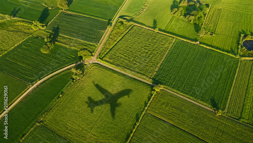 Airplane Shadow Over Green Farmland Aerial Landscape