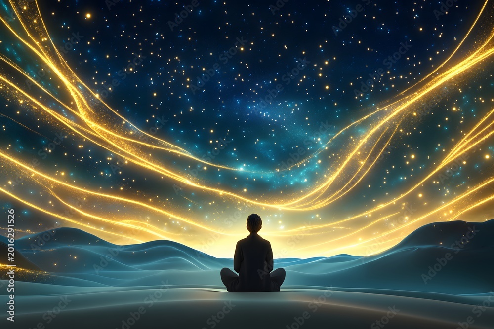 Naklejka premium A fantasy scene illustration features a person in dark attire looking upwards into a vast expanse of dark sky. the sky