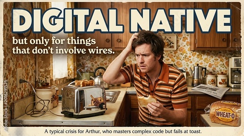 Retro Tech Struggle: A man in a retro kitchen struggles with an analog toaster, humorously highlighting the irony of being a digital native in a non-wired world.