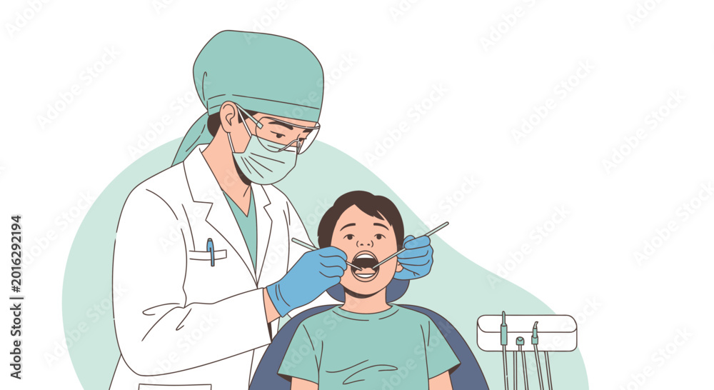 Obraz premium Dentist Examining Child's Teeth with Tools, Dental Health Checkup Illustration