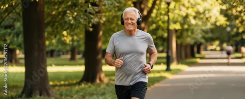Panel kuchenny z motywem Smiling senior man runs with headphones in a sunny park. He enjoys music and outdoor exercise, showing active retirement. Healthy lifestyle achieved through daily jogging.