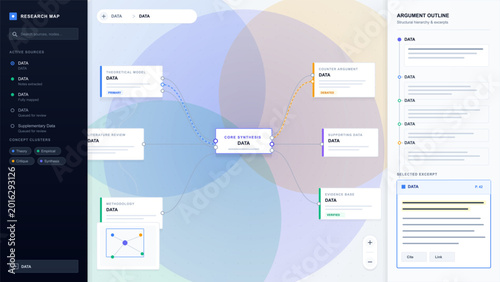 Photos Flat vector research mapping dashboard with connected evidence cards, central sy