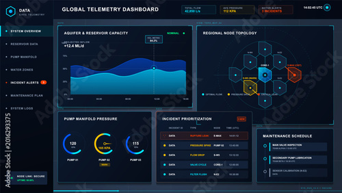 Foto Futuristic civic telemetry dashboard with reservoir capacity chart, pump pressur
