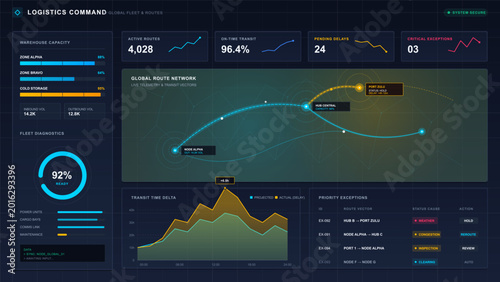 Fotografia Dark logistics command dashboard with route network map, warehouse capacity bars