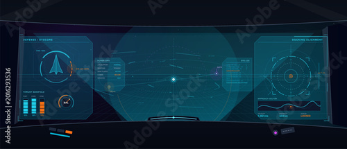Schilderij op canvas Futuristic spacecraft cockpit HUD with docking alignment, defense panels, thrust
