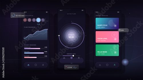 Dark wellness mobile app vector interface with meditation timer, mood tracker, sleep modules, progress charts, and neon gradient screens