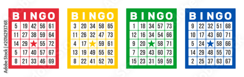 Foto 4 bingo game cards with numbers collection, colorful grid layout vector template