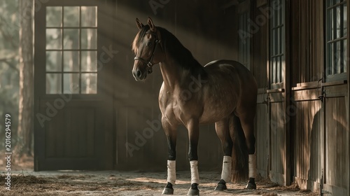 A majestic brown horse standing inside a rustic stable illuminated by dramatic natural sunlight