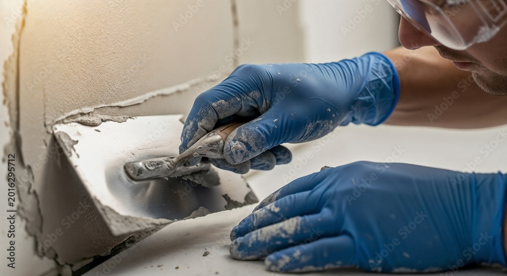 Worker hands in blue gloves plastering wall edges, applying fresh plaster with steel trowel to interior wall. Renovation project plastering wall edges demands precision for smooth finish.