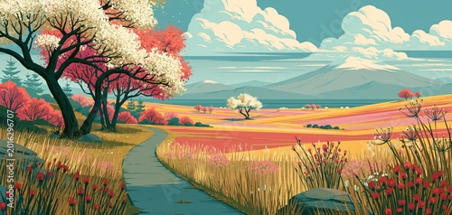 A Scenic Path Through a Colorful Meadow With Flowering Trees and Distant Mountain Peaks
