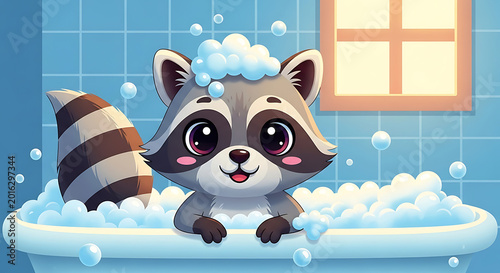 Cute cartoon cat standing and bathing with big eyes
