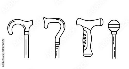 Tableau sur toile Set of four different walking sticks for elderly people represented in simple outline vector icons for medical mobility assistance and senior health support aid