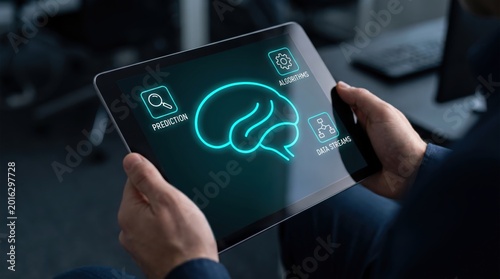 AI Financial Forecasting and Predictive Analytics Concept: Person with Tablet and Holographic Brain Network Processing Algorithms and Data Streams