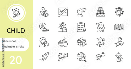 Children, set of linear icons. Editables stroke