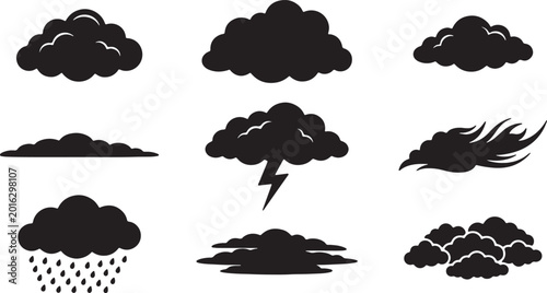 Stormy cloud silhouettes collection with different shapes including heavy rain lightning bolt and horizontal formations isolated on gray background.
