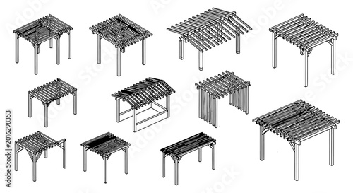 collection of wooden pergola designs and outdoor structures presented as architectural drawings for landscape design inspiration.