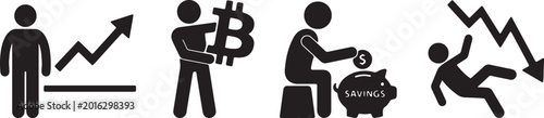 Collection of financial graphics showing progress chart Bitcoin symbol savings piggy bank and stock market decline with falling person vector art.