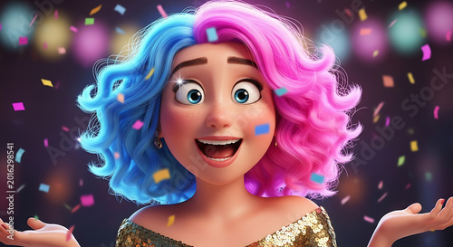 A cartoon woman with colorful hair and confetti.
