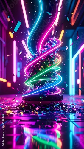 Vibrant Neon Spiral Column 3d Render With Pink And Cyan Glowing Light Streaks And Colorful Confetti Explosion On Dark Abstract Background