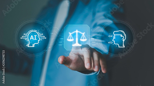 Foto AI ethics and human rights governance concept with legal balance scale interface, artificial intelligence regulation, digital compliance and responsible technology decision making