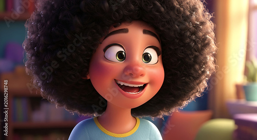 animated girl with afro hairstyle smiling.