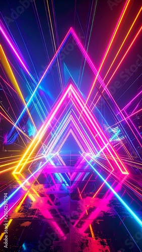 Vibrant Neon Triangular Tunnel With Glowing Laser Beams And Reflective Ground In Cyberpunk Synthwave Style With Pink Blue And Yellow Lights