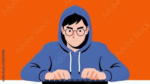 A young man with glasses and a hood pulled up types rapidly on a keyboard against an orange background. The scene depicts cybercrime, software coding, or high-stakes digital security.