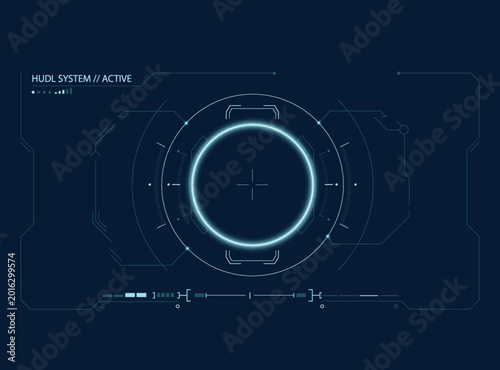 Futuristic blue HUD interface glowing circular reticle, digital crosshairs and sci fi data elements