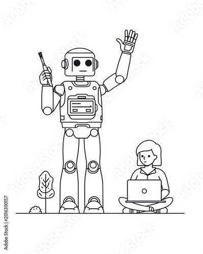 line drawing illustration of a robot and person with a laptop modern technology concept high quality professional