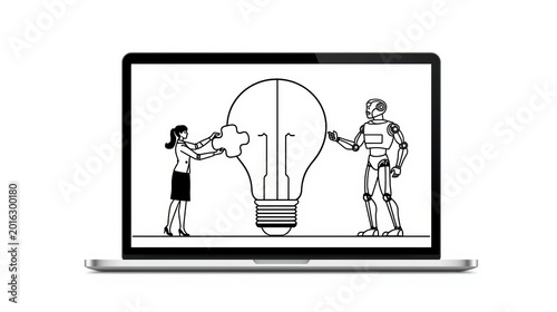Woman and robot connecting puzzle piece to light bulb black and white line art illustration high quality
