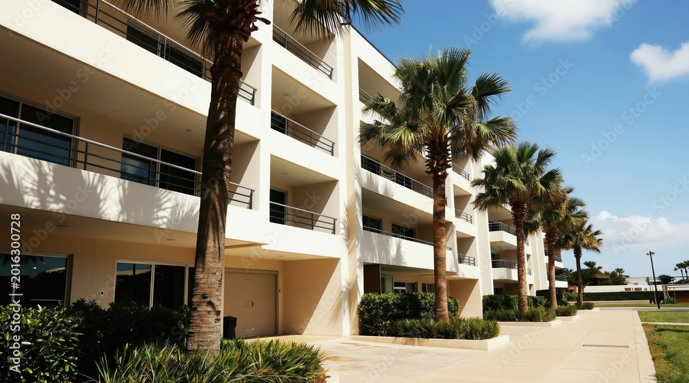 Obraz premium Modern apartment block with balconies, palm trees. Sunny day with blue sky. Tropical landscaping surrounds white building facade. Residential property with clean design for luxury living, vacation