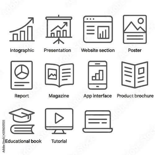 Icons representing infographic, presentation, app interface, tutorial, and more