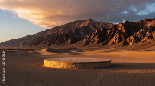 Desert landscape at golden hour features circular stone platform before rugged mountains. Sand dunes curve under dramatic cloudy sky. Arid natural scene offers expansive view, serene mood.