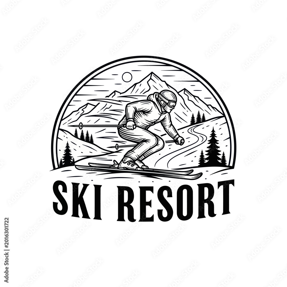 Fototapeta premium Skier descending mountain slope in vintage monochrome style.