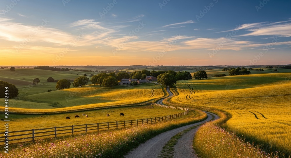 Fototapeta premium A winding dirt road leads through a vibrant, golden field of wheat under a stunning sunset. Rolling hills and scattered trees frame the landscape, with a small farm visible in the distance.