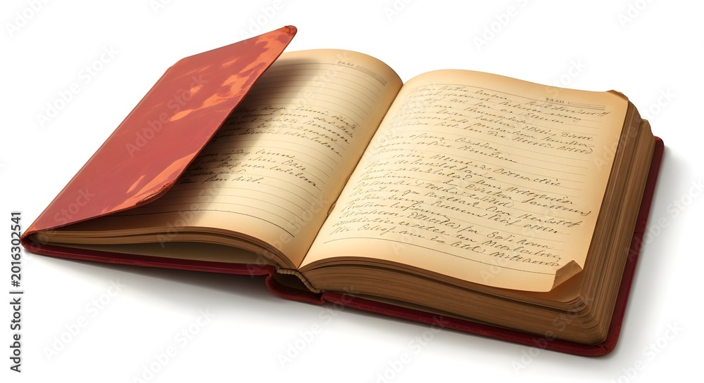 Fototapeta premium Open vintage diary with handwritten text on aged paper pages
