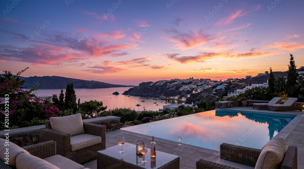 Obraz premium Mediterranean luxury villa pool with sunset sea view