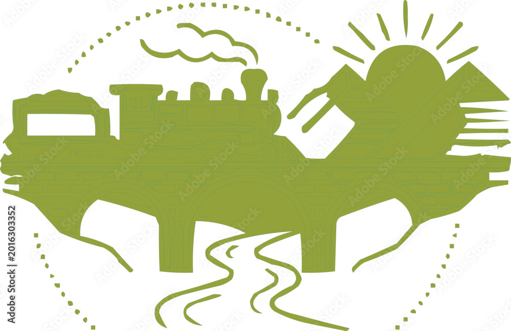 Obraz premium Steam locomotive travels through a rural landscape past a rising sun and flowing river in this stylized graphic design.