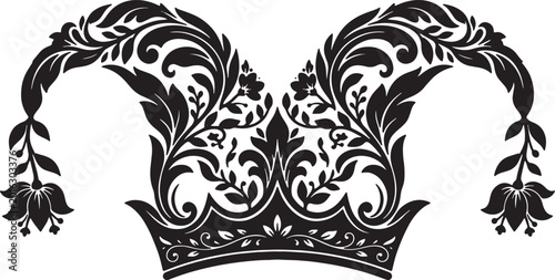 Quadro su tela Elegant victorian floral crown ornament with vintage leafy scrolls and blooming flower motifs for luxury branding and classic royal decorative design elements