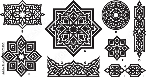 Photos Set of intricate geometric islamic patterns with ornamental star shapes and traditional arabesque borders for elegant middle eastern design projects and motifs